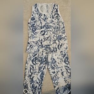 Women's Blue and White Sleeveless Top and Pants Set 100%linen EUC